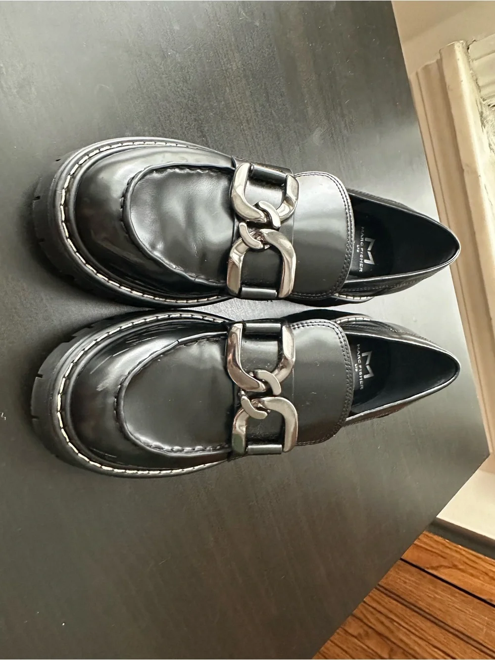 Marc Fisher Black Chunky Loafer with Silver Chain size 7.5